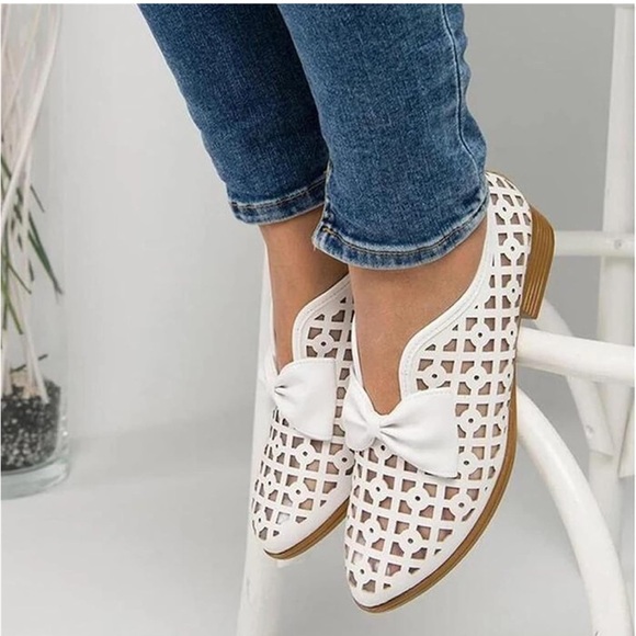 White Bow Loafers for Women - Picture 1 of 6